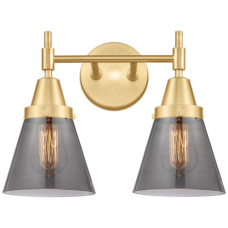 Image 1 Caden Cone 6 inch 2 Light 15 inch Bath Light - Satin Gold - Plated Smoke 