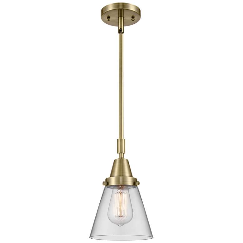 Image 1 Caden Cone 6" Wide Antique Brass Stem Hung Mini Pendant w/ Clear Shade