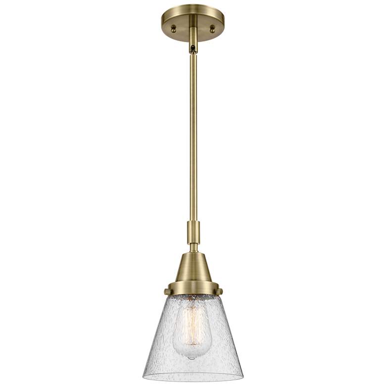 Image 1 Caden Cone 6" Wide Antique Brass Stem Hung Mini Pendant w/ Seedy Shade