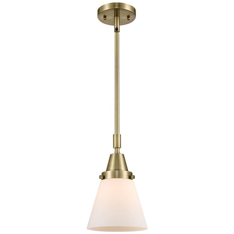 Image 1 Caden Cone 6" Wide Antique Brass Stem Hung Mini Pendant w/ White Shade