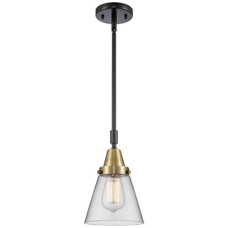 Image 1 Caden Cone 6" Wide Black Brass Stem Hung Mini Pendant w/ Clear Shade