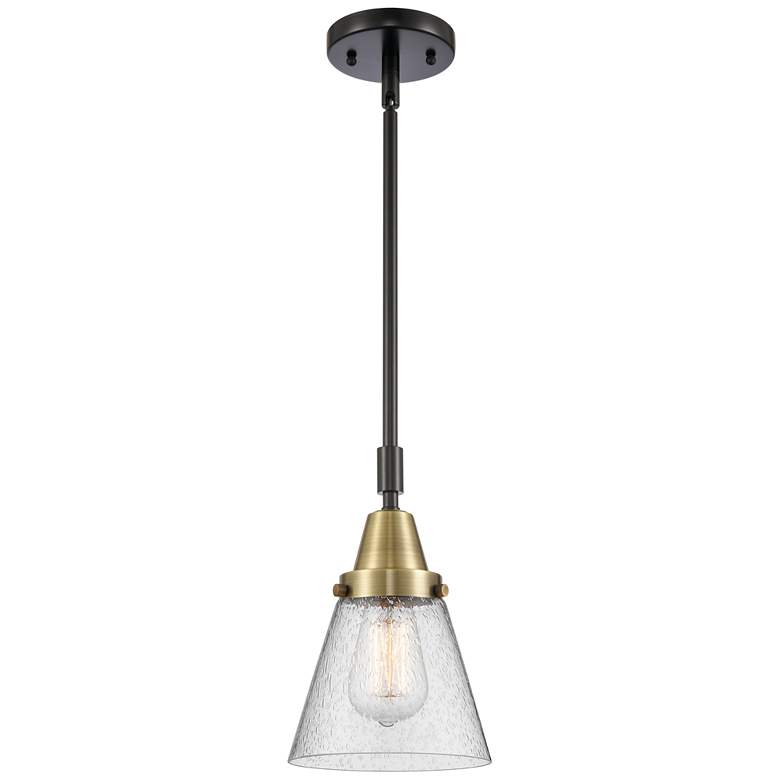 Image 1 Caden Cone 6" Wide Black Brass Stem Hung Mini Pendant w/ Seedy Shade