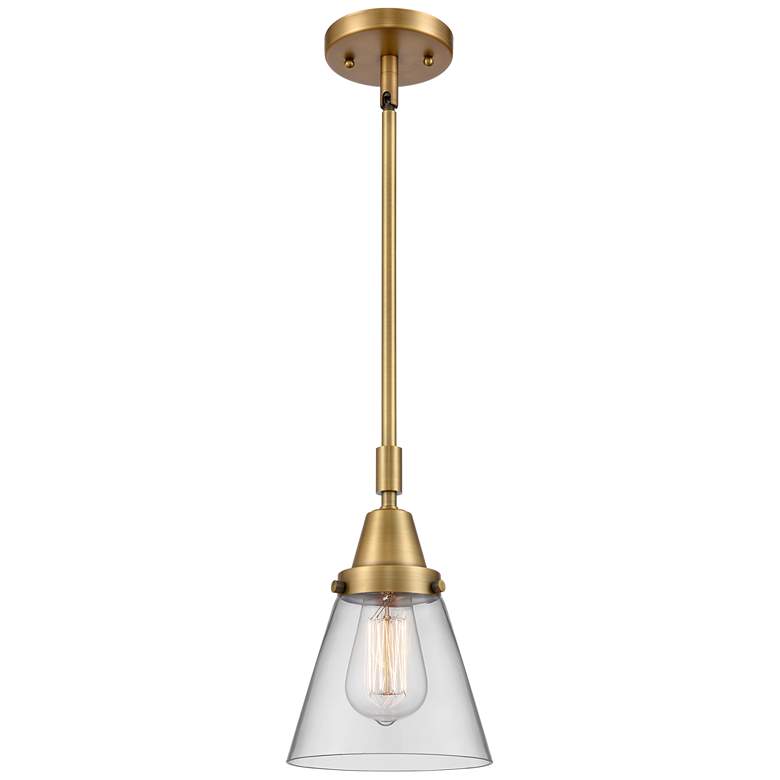 Image 1 Caden Cone 6 inch Wide Brushed Brass Stem Hung Mini Pendant w/ Clear Shade