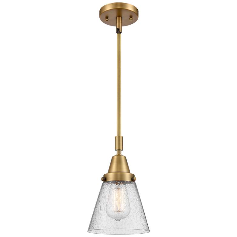 Image 1 Caden Cone 6" Wide Brushed Brass Stem Hung Mini Pendant w/ Seedy Shade