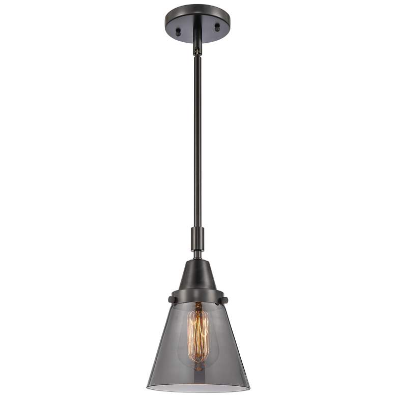 Image 1 Caden Cone 6" Wide Matte Black Stem Hung Mini Pendant w/ Plated Smoke