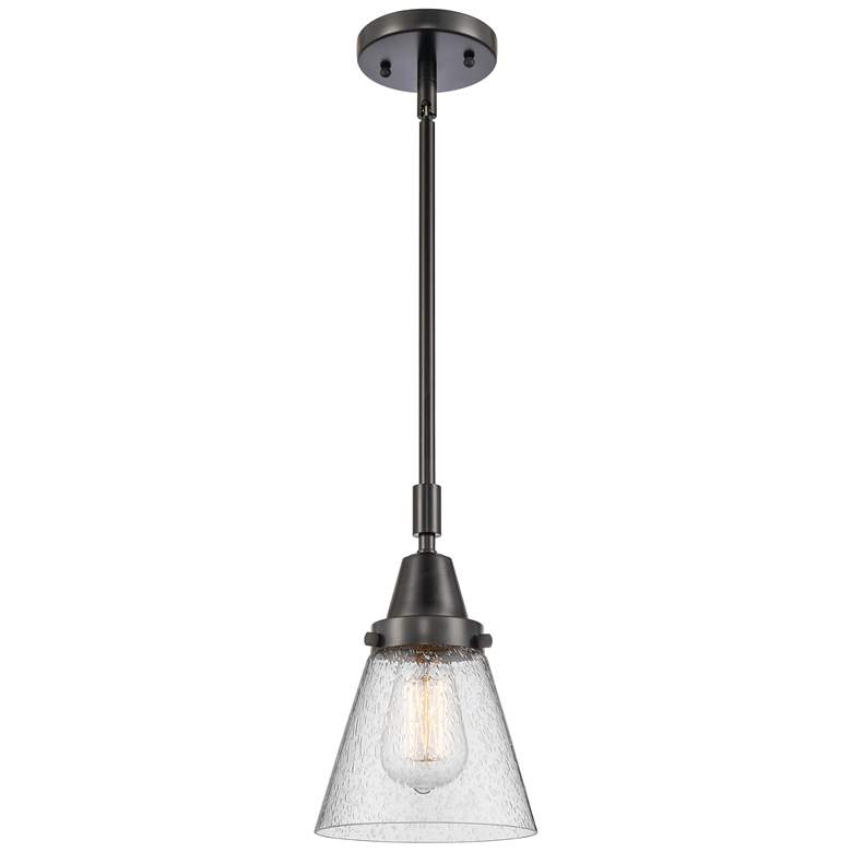 Image 1 Caden Cone 6" Wide Matte Black Stem Hung Mini Pendant w/ Seedy Shade