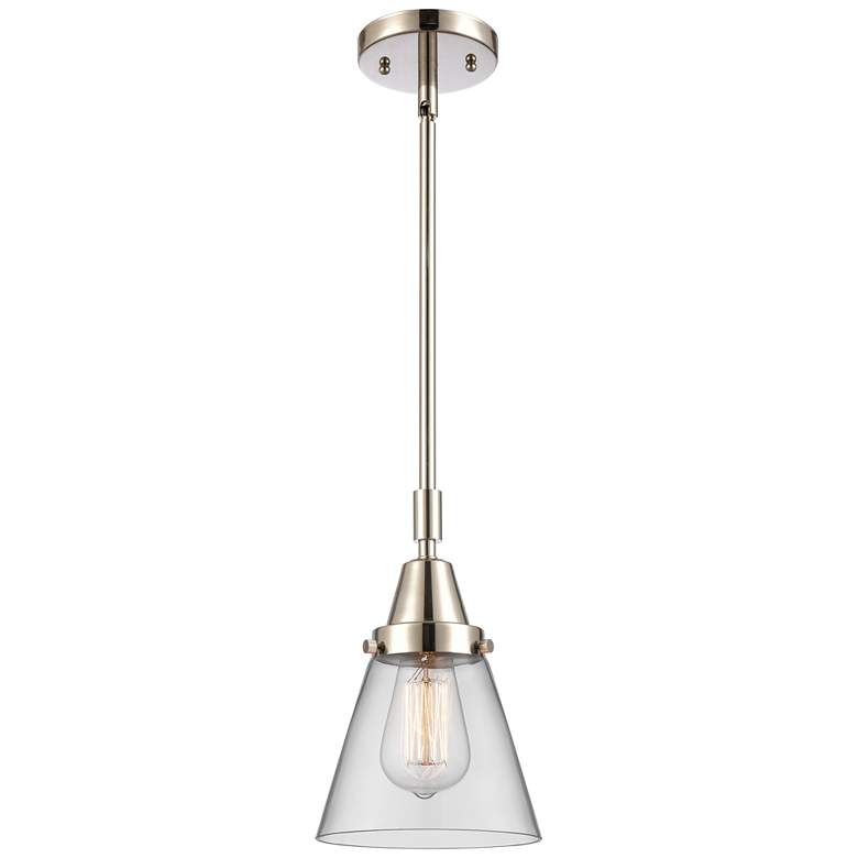 Image 1 Caden Cone 6 inch Wide Polished Nickel Stem Hung Mini Pendant w/ Clear Sha