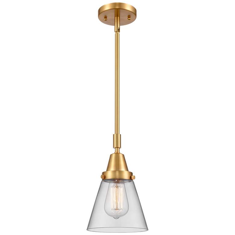 Image 1 Caden Cone 6" Wide Satin Gold Stem Hung Mini Pendant w/ Clear Shade
