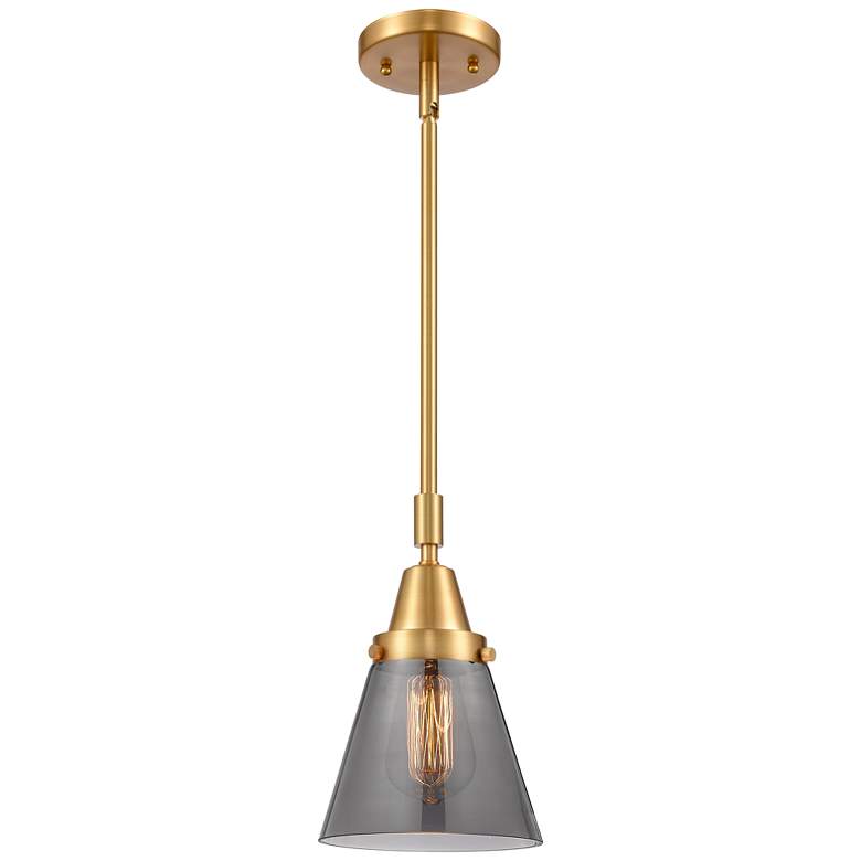 Image 1 Caden Cone 6" Wide Satin Gold Stem Hung Mini Pendant w/ Plated Smoke S