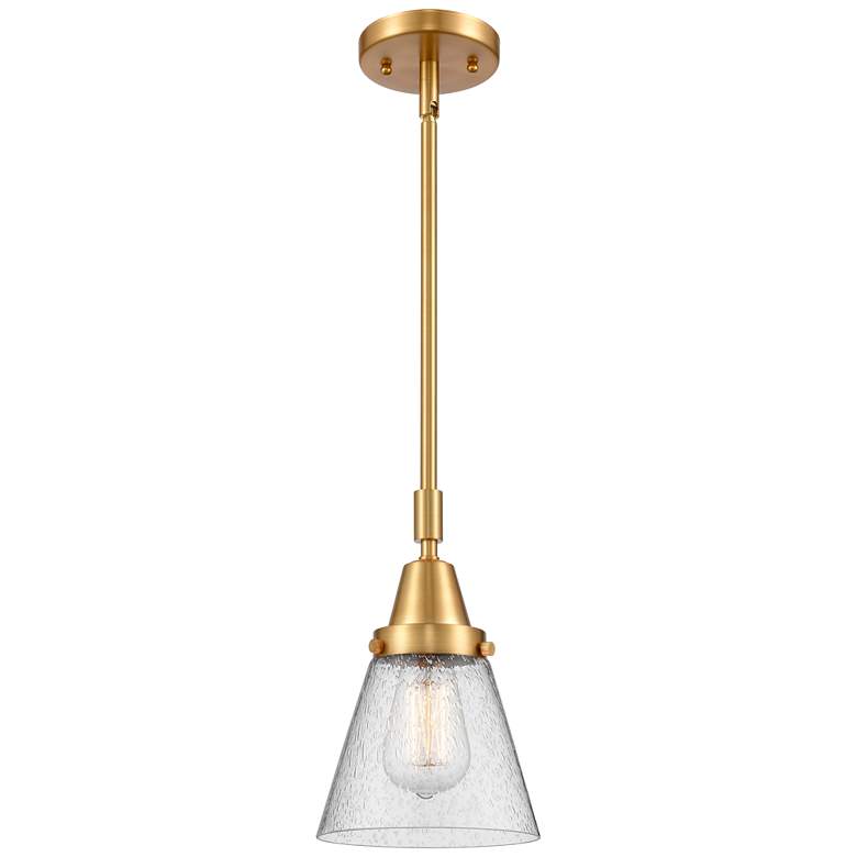 Image 1 Caden Cone 6" Wide Satin Gold Stem Hung Mini Pendant w/ Seedy Shade