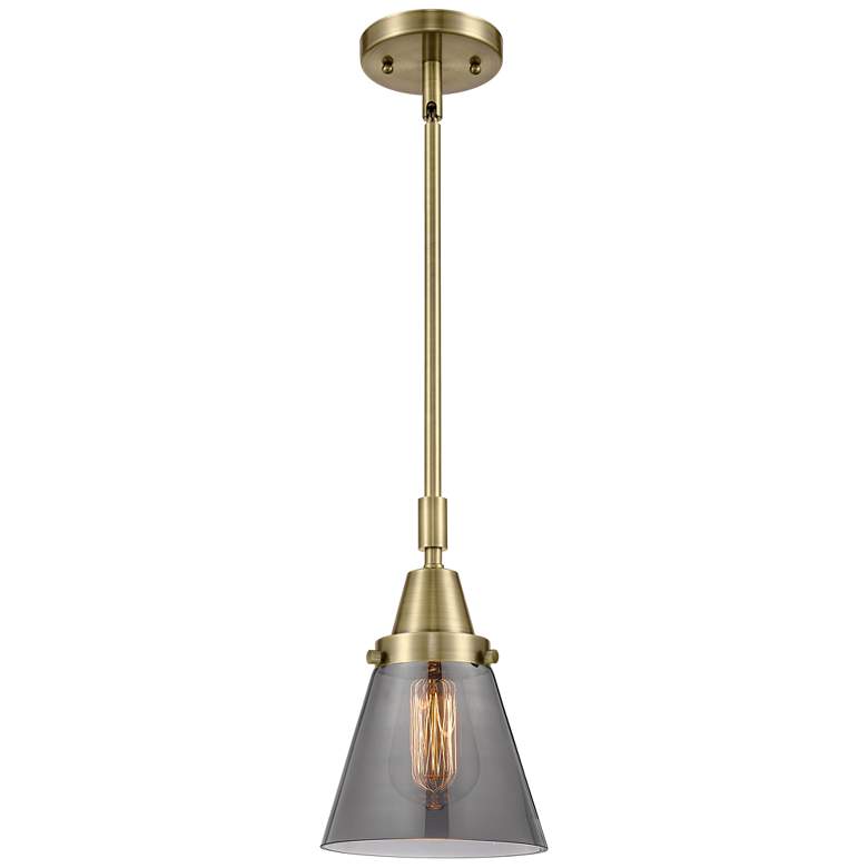Image 1 Caden Cone 6"W Antique Brass Stem Hung Mini Pendant w/ Plated Smoke Sh