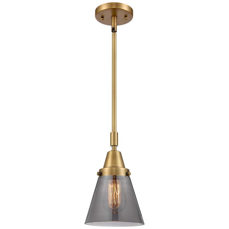 Image 1 Caden Cone 6"W Brushed Brass Stem Hung Mini Pendant w/ Plated Smoke Sh