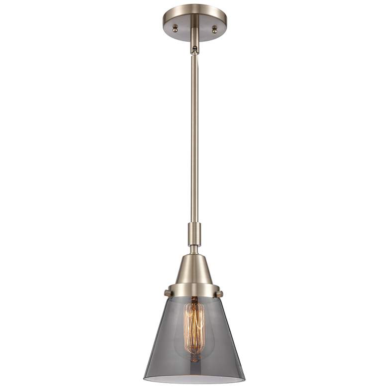 Image 1 Caden Cone 6"W Brushed Nickel Stem Hung Mini Pendant w/ Smoke Shade