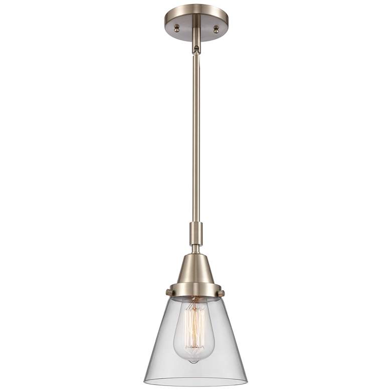 Image 1 Caden Cone 6"W Brushed Satin Nickel Stem Hung Mini Pendant w/ Clear Sh