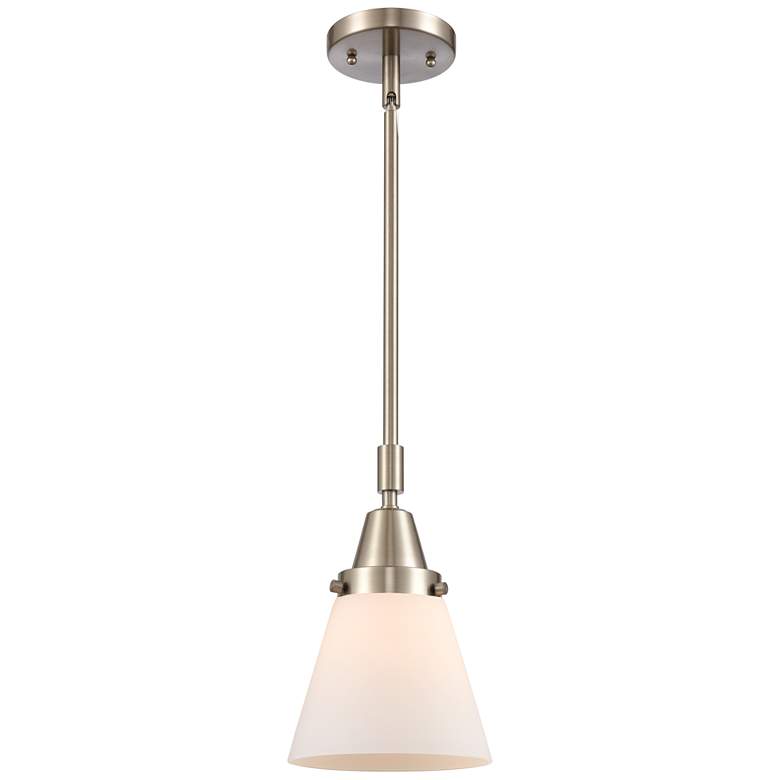 Image 1 Caden Cone 6"W Brushed Satin Nickel Stem Hung Mini Pendant w/ White Sh