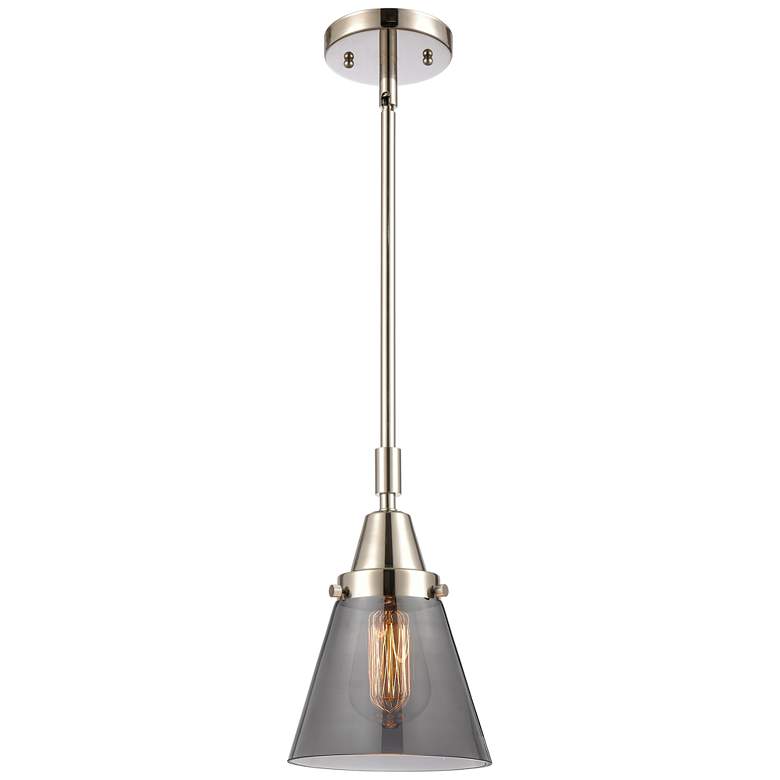 Image 1 Caden Cone 6 inchW Polished Nickel Stem Hung Mini Pendant w/ Plated Smoke 