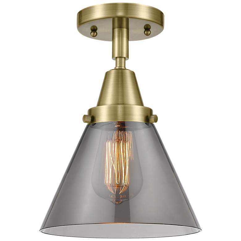 Image 1 Caden Cone 8" LED Flush Mount - Antique Brass - Plated Smoke Shade