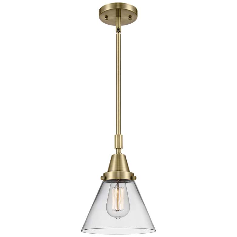 Image 1 Caden Cone 8" Wide Antique Brass Stem Hung Mini Pendant w/ Clear Shade