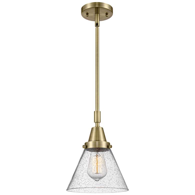 Image 1 Caden Cone 8" Wide Antique Brass Stem Hung Mini Pendant w/ Seedy Shade