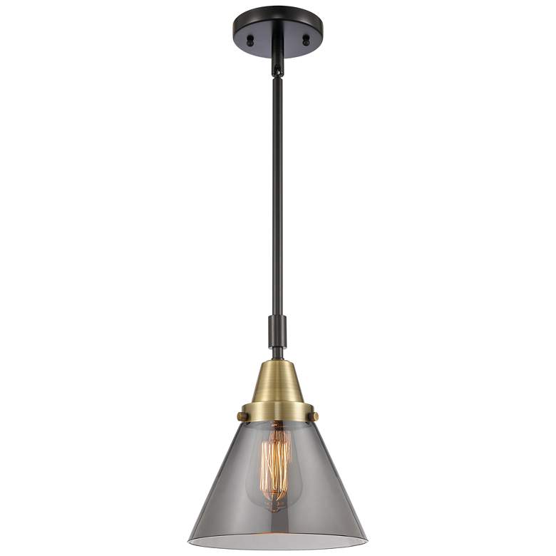 Image 1 Caden Cone 8" Wide Black Brass Stem Hung Mini Pendant w/ Plated Smoke