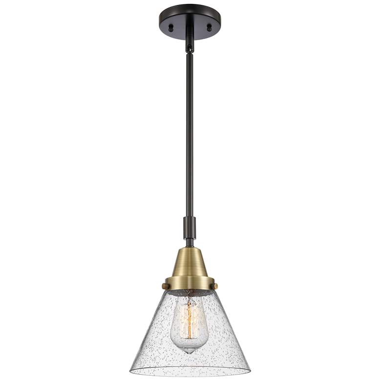 Image 1 Caden Cone 8" Wide Black Brass Stem Hung Mini Pendant w/ Seedy Shade