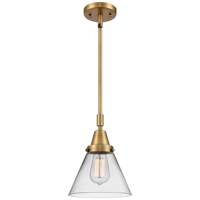 Image 1 Caden Cone 8" Wide Brushed Brass Stem Hung Mini Pendant w/ Clear Shade
