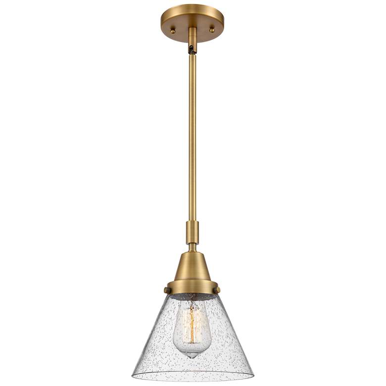Image 1 Caden Cone 8" Wide Brushed Brass Stem Hung Mini Pendant w/ Seedy Shade