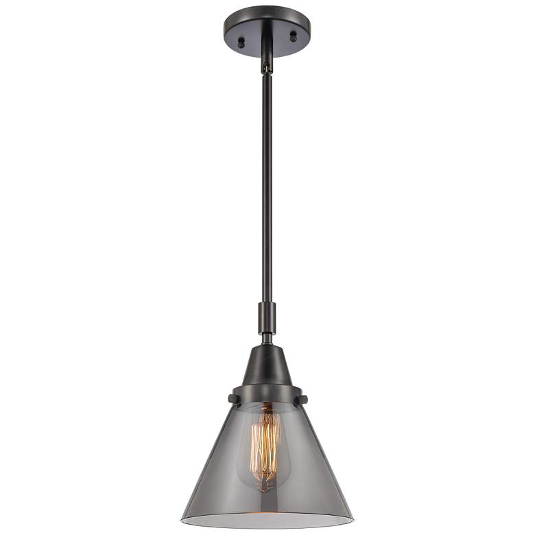 Image 1 Caden Cone 8" Wide Matte Black Stem Hung Mini Pendant w/ Plated Smoke