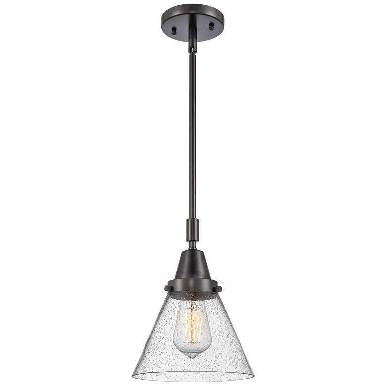 Image 1 Caden Cone 8" Wide Matte Black Stem Hung Mini Pendant w/ Seedy Shade