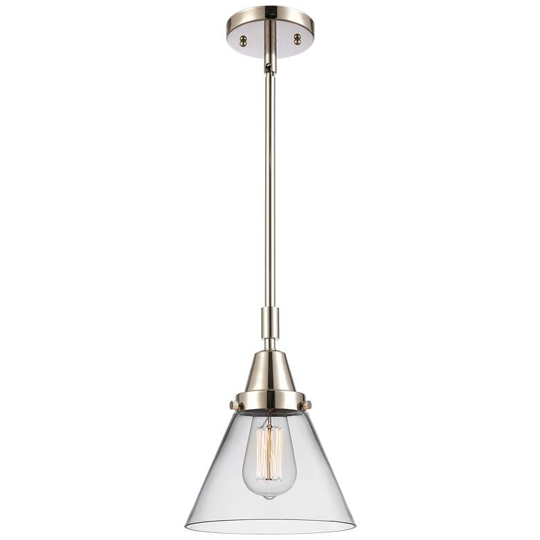 Image 1 Caden Cone 8" Wide Polished Nickel Stem Hung Mini Pendant w/ Clear Sha
