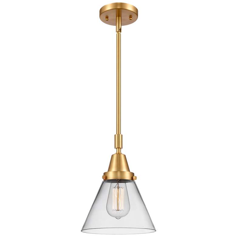 Image 1 Caden Cone 8" Wide Satin Gold Stem Hung Mini Pendant w/ Clear Shade