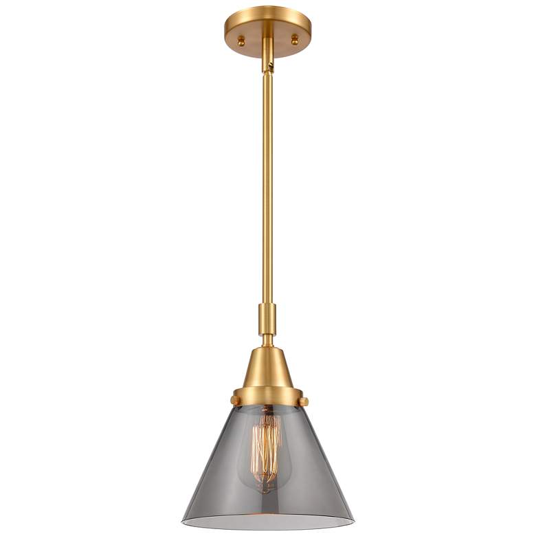 Image 1 Caden Cone 8" Wide Satin Gold Stem Hung Mini Pendant w/ Plated Smoke S