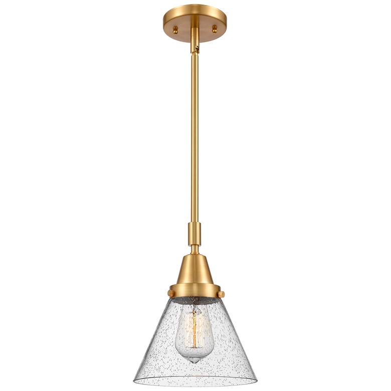 Image 1 Caden Cone 8" Wide Satin Gold Stem Hung Mini Pendant w/ Seedy Shade