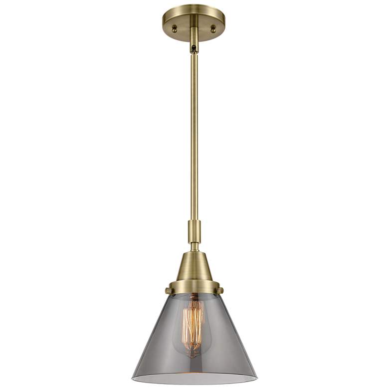 Image 1 Caden Cone 8"W Antique Brass Stem Hung Mini Pendant w/ Plated Smoke Sh