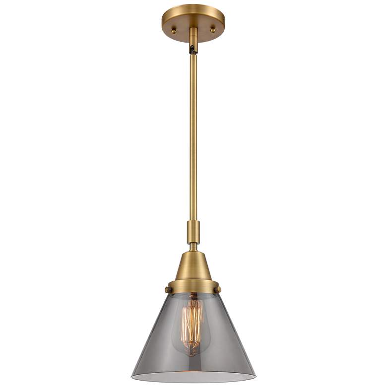 Image 1 Caden Cone 8"W Brushed Brass Stem Hung Mini Pendant w/ Plated Smoke Sh