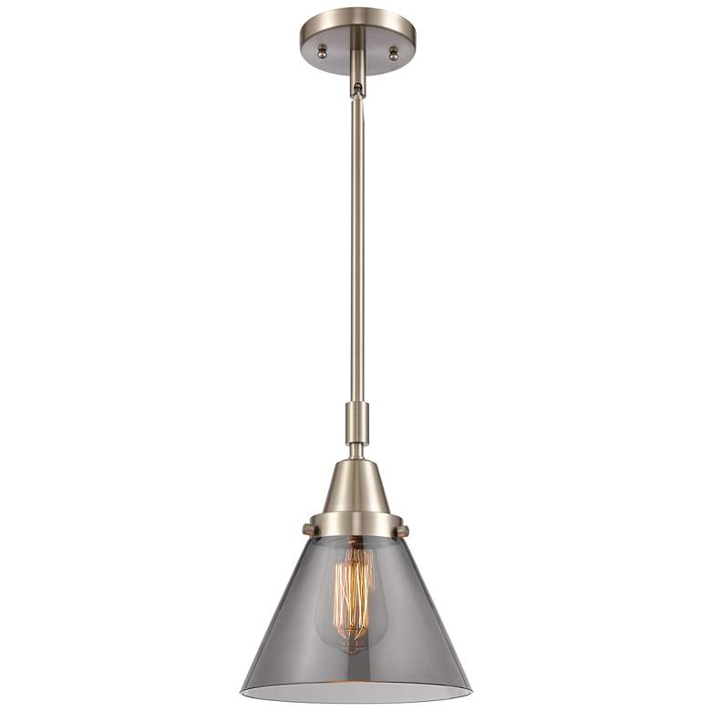 Image 1 Caden Cone 8"W Brushed Nickel Stem Hung Mini Pendant w/ Smoke Shade