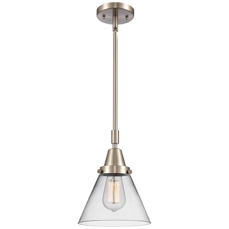 Image 1 Caden Cone 8"W Brushed Satin Nickel Stem Hung Mini Pendant w/ Clear Sh
