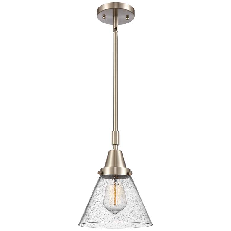 Image 1 Caden Cone 8"W Brushed Satin Nickel Stem Hung Mini Pendant w/ Seedy Sh