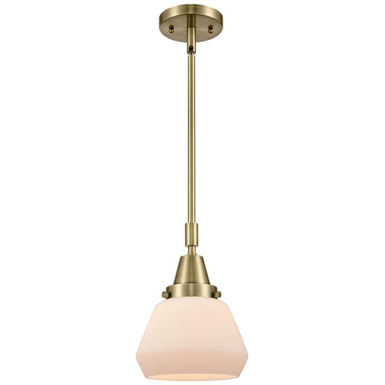 Image 1 Caden Fulton 7" Wide Antique Brass Stem Hung Mini Pendant w/ White Sha