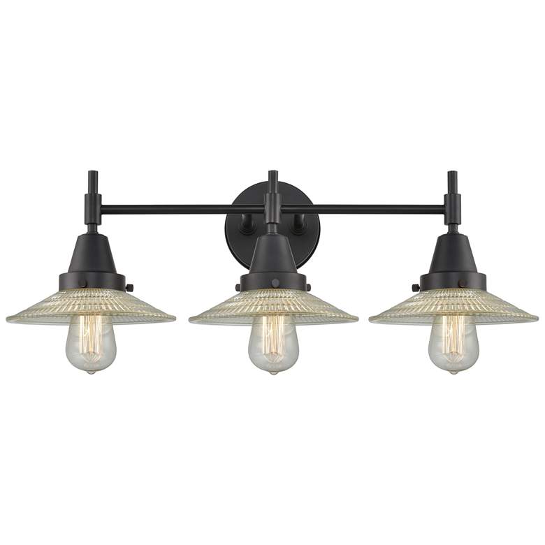 Image 1 Caden Halophane 27"W 3 Light Matte Black Bath Light w/ Halophane Shade