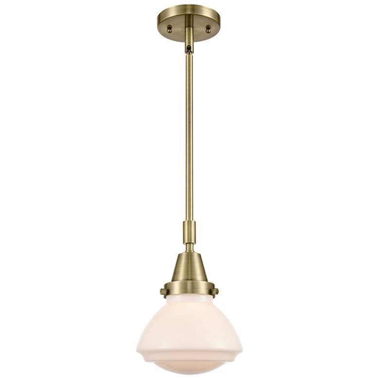 Image 1 Caden Olean 6.75" Wide Antique Brass Stem Hung Mini Pendant w/ White S