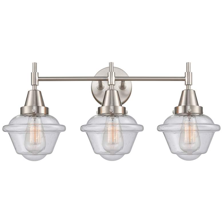 Image 1 Caden Oxford 25.5 inchW 3 Light Satin Nickel Bath Vanity Light w/ Seedy Sh