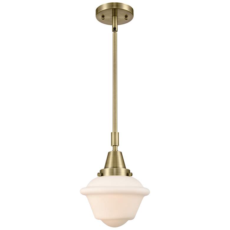 Image 1 Caden Oxford 7.5" Wide Antique Brass Stem Hung Mini Pendant w/ White S