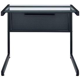 Front view of a black metal desk with a clear glass top and perforated panel.