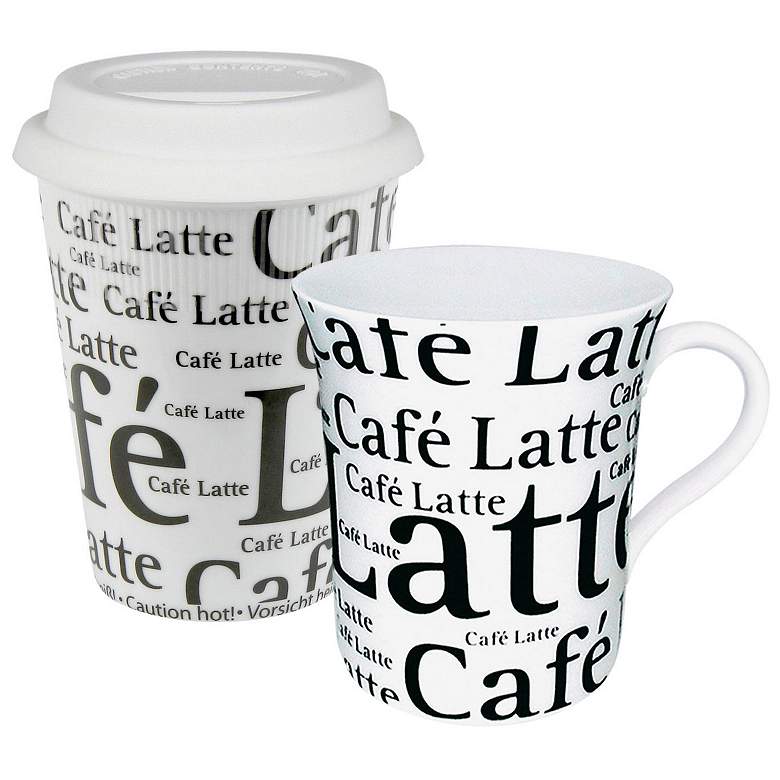 Image 1 Cafe Latte Writing on White Travel Mug Set of 2