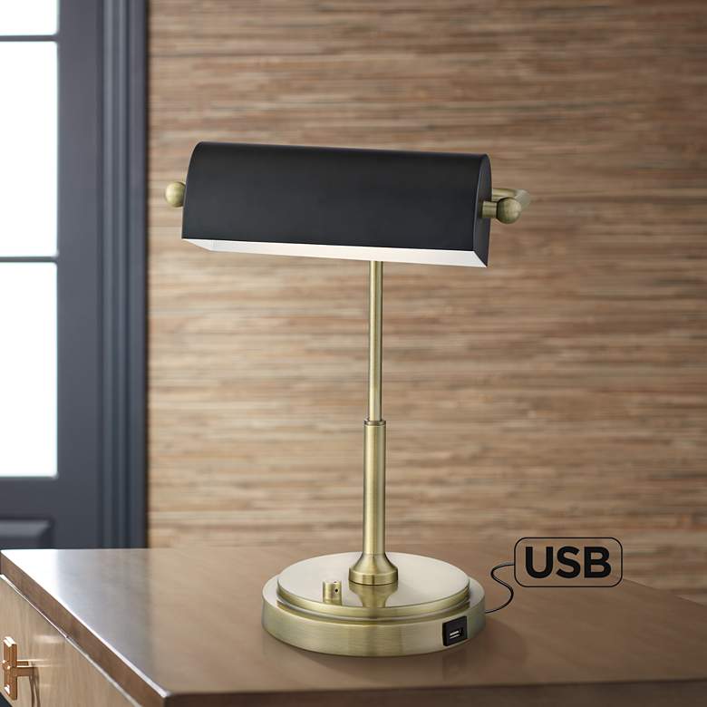 Image 1 Caileb Antique Brass Banker Piano USB LED Desk Lamp