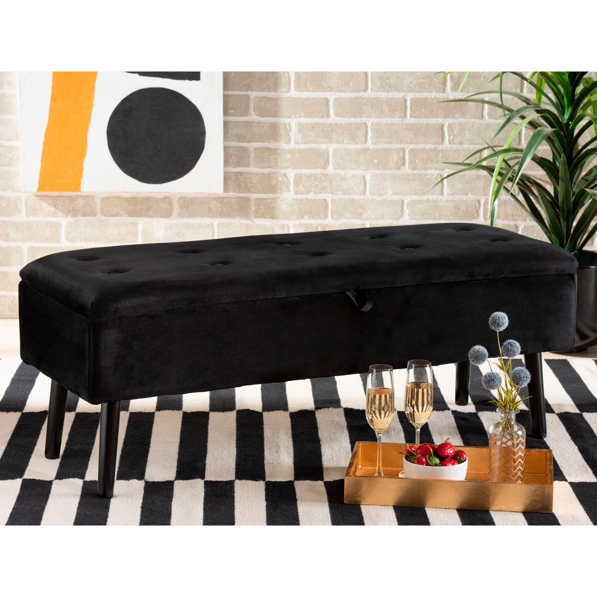 Caine Black Velvet Fabric Tufted Storage Bench 246D3 Lamps Plus