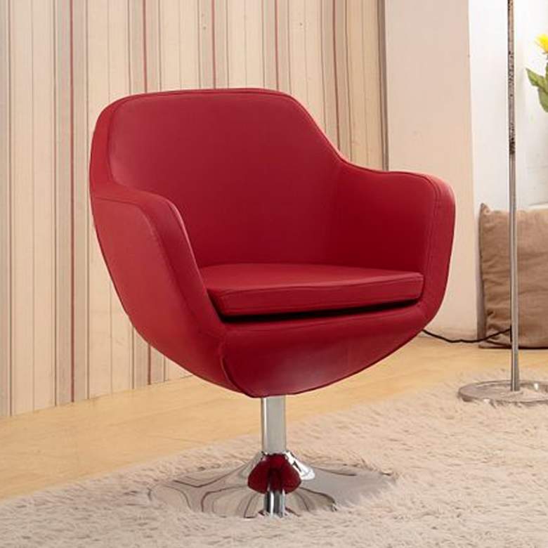 Image 1 Caisson Faux Leather Swivel Accent Chair in Red and Polished Chrome