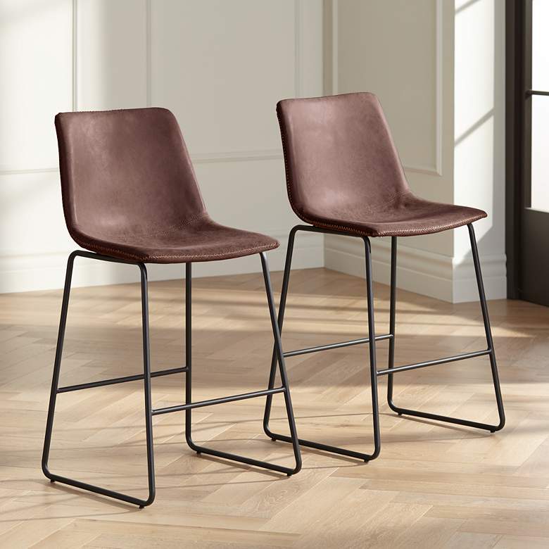 Image 1 Cal 26" Brown Faux Leather Counter Stools Set of 2
