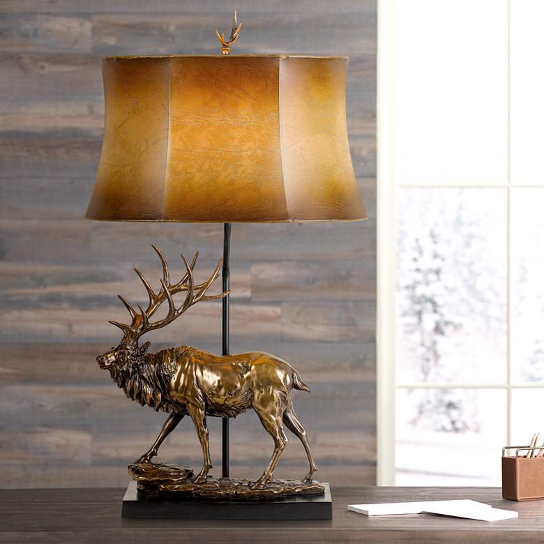 Image 1 Cal Lighting 31 1/4 inch Leatherette and Bronze Elk Deer Table Lamp
